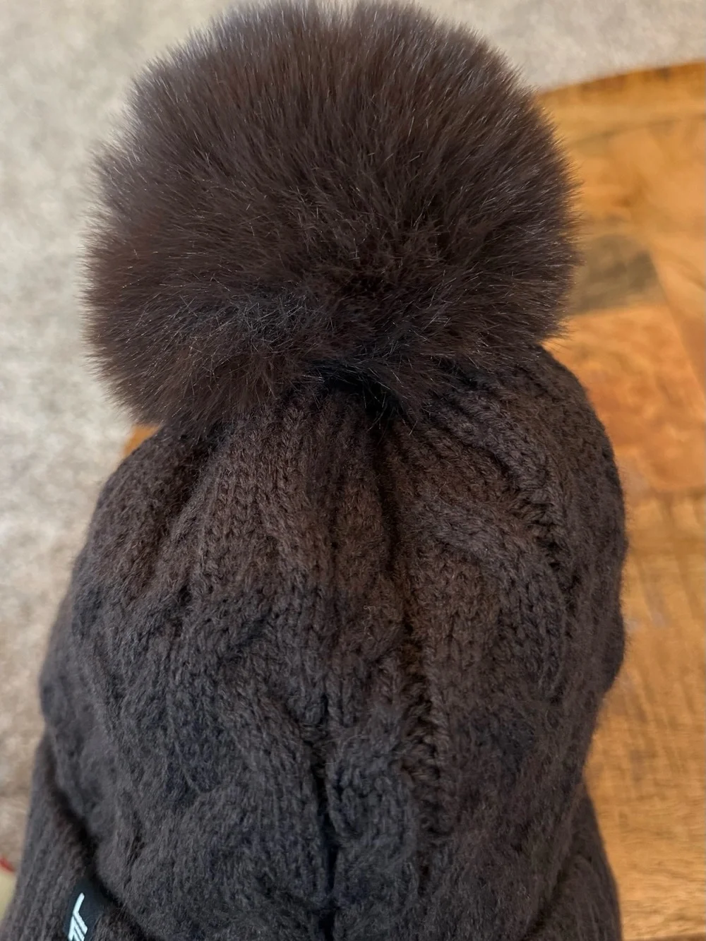 London Fog Women’s Cable Knit Pom Beanie - Dark Brown